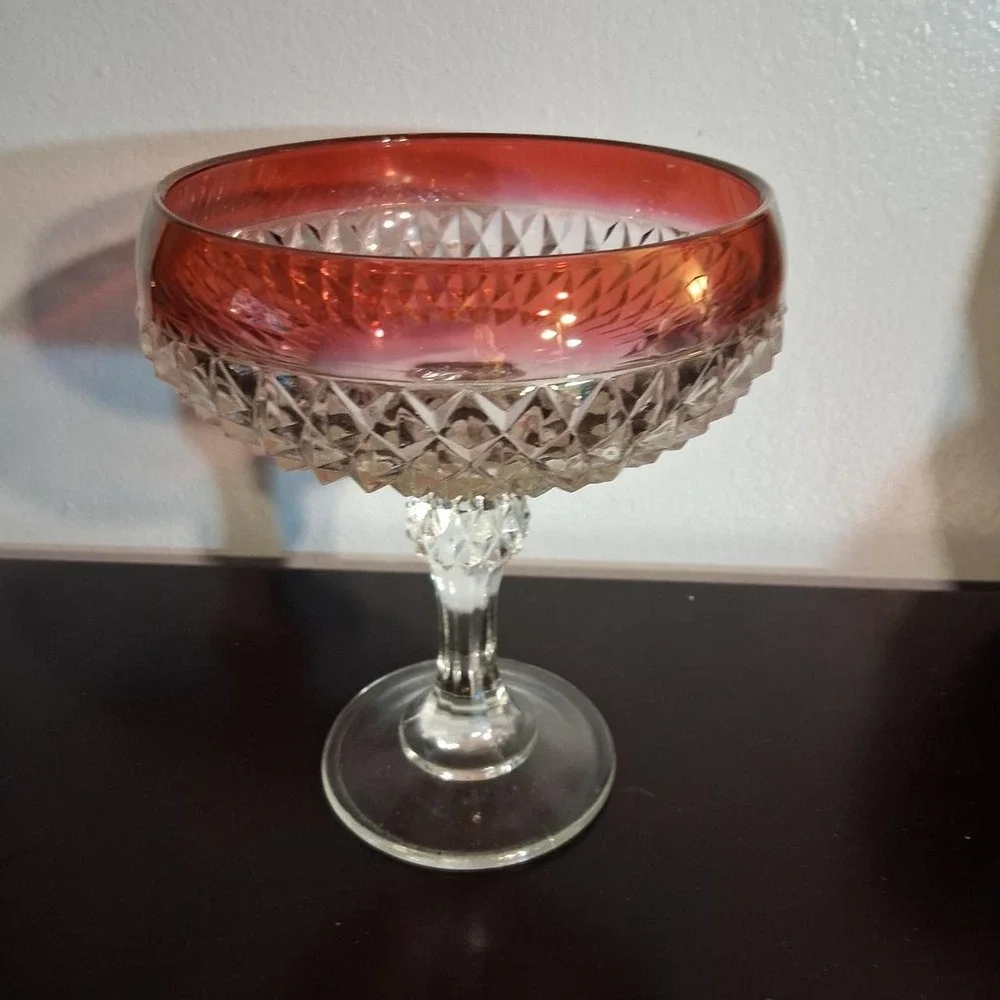 Vintage Red glass candy bowl with diamond pattern